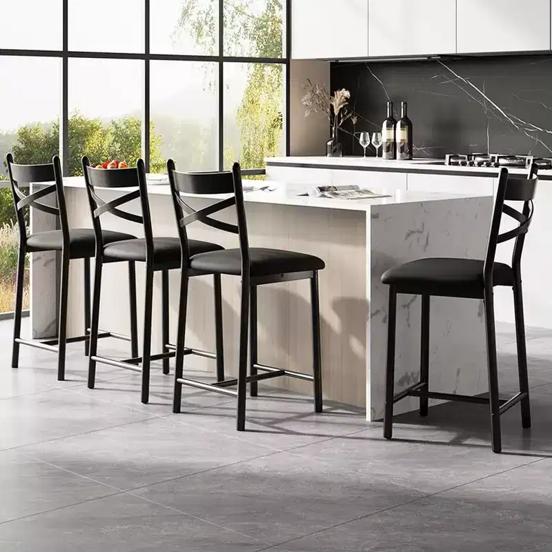 Set of 6 Counter Height Dining Bar Stools 26 Metal Frame Chairs with Ergonomic Straight Back, Thick PU Leather Upholstered Waterproof Cushions