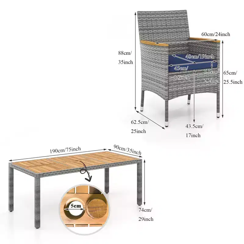 Gymax 9PC Outdoor Patio Dining Set for 8 w/ PE Rattan Chairs & Table Featuring 2 Umbrella Hole for Garden Deck Patio