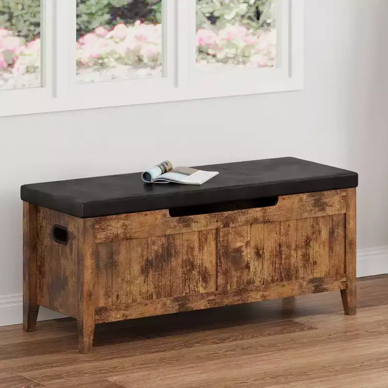 39.4 Storage Bench with Lift Top & Cushion, Wooden Entryway Shoe Bench with 2 Safety Hinges, 260LB Load Storage Chest for Bedroom