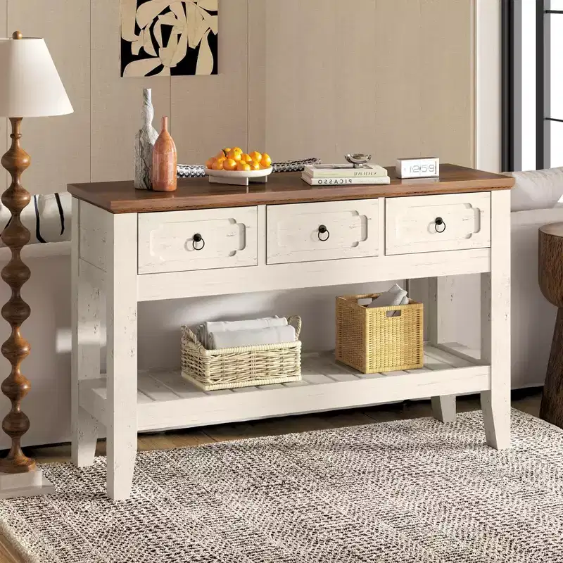 47in Long Console Table, Farmhouse Narrow Entryway Sofa Table with Drawers and Bottom Shel for Living Room Entrance Foyer, Rustic White