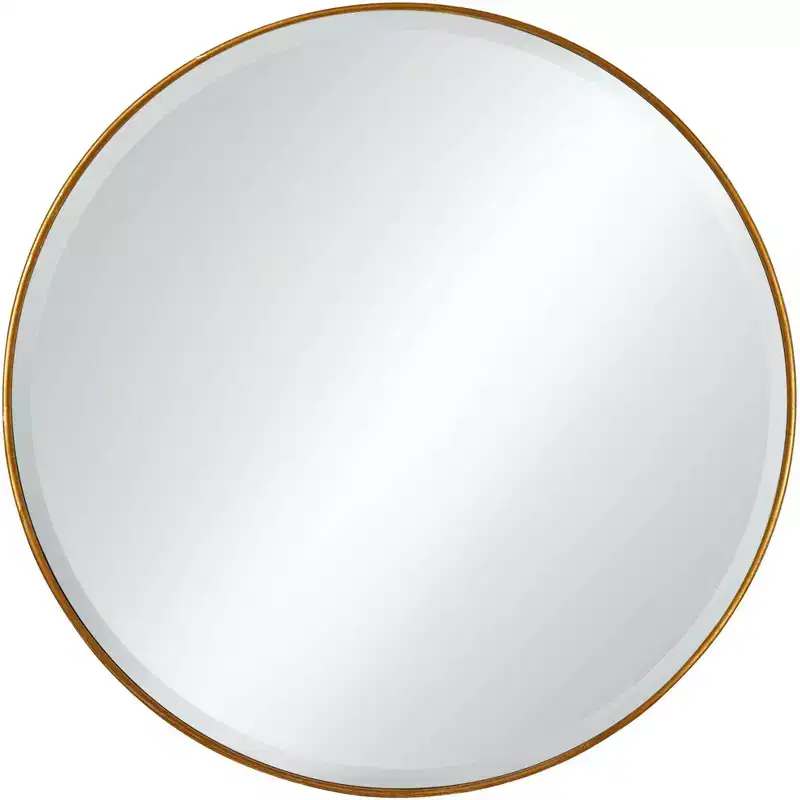 Round Vanity Decorative Wall Mirror, Vintage Beveled Edge, Antiqued Gold Leaf Iron Frame, 34