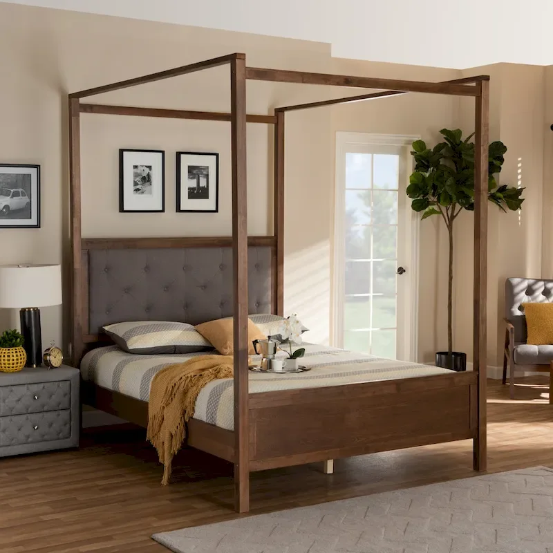 Queen Platform Canopy Bed with Tufted Headboard, Walnut Finish, No Box Spring Needed, 87