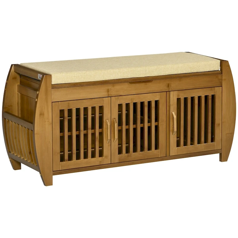 Bamboo Shoe Bench with Seating Cushion and Hidden Compartment