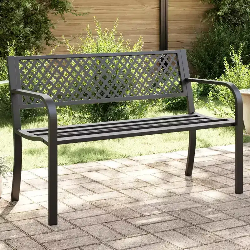 vidaXL 46.9 Black Powder-Coated Steel Garden Bench - Outdoor Patio Seating with Armrests, Easy Assembly for Garden/Patio