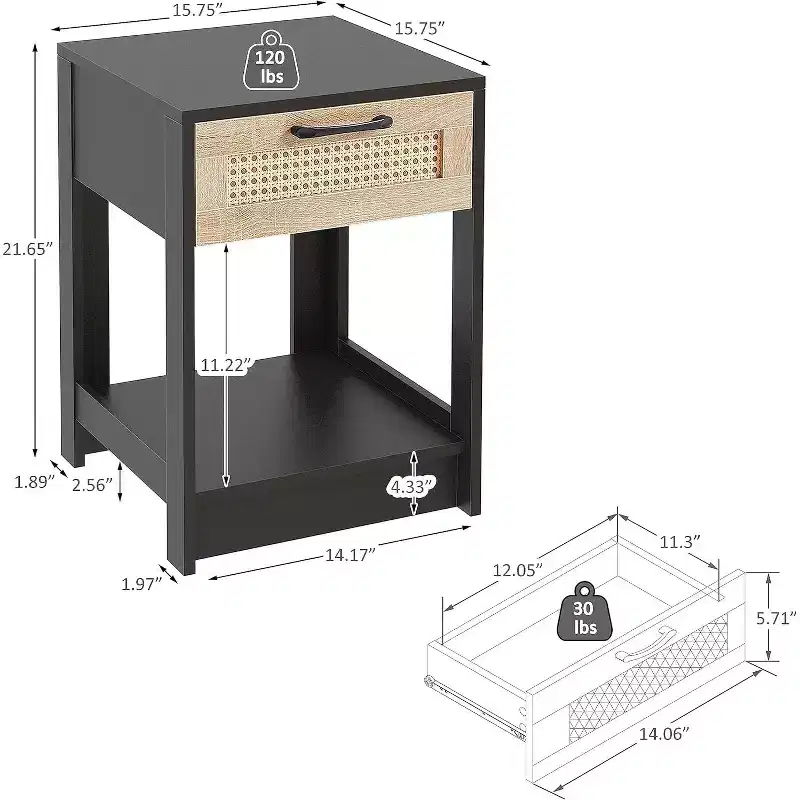 Rattan Nightstand Black Finish 1 Drawer Storage Living Room Bedroom Side Table