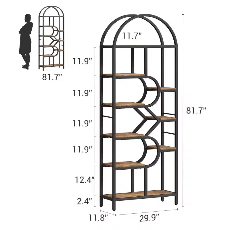 6 Tier Arched Bookcase, Geometric Bookshelf for Home & Office -,Modern Wood & Metal Bookcase with 35Lbs Capacity/Shelf, Open Storage Shelf for Bedroom