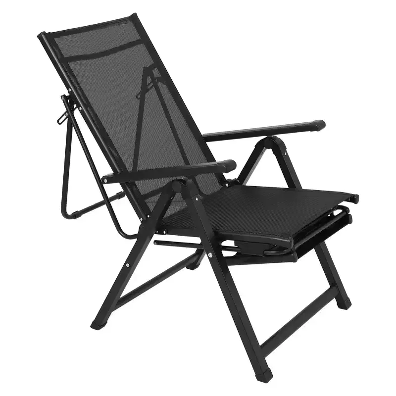 10-Position Reclining Patio Chair with Footrest, Heavy Duty Folding Outdoor Chaise Lounge, Adjustable Camping Chair for Garden/Deck/Lawn, Black