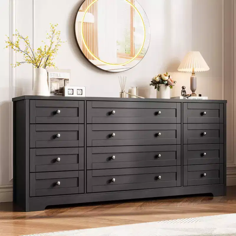 Durable Wood Dressers with 12 Drawers, Modern Chest of Drawers for Bedroom, Living Room, or Hallway, 63 W TV Stand Fits Up to 65 TV