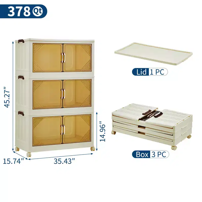 Compact Stackable Plastic Storage Bin with Lid, Collapsible Storage Drawer, Magnetic Doors, for Home, Office