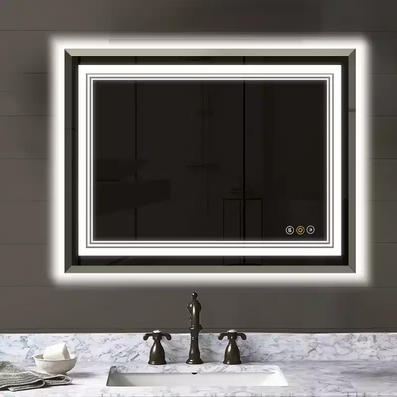 HBEZON Vanity Mirror with Lights, LED Wall Mount Bathroom Mirror, 3-Color Mode, Front/Backlit Lights, Dimmable, Anti-Fog, Rectangle, Aluminum, Silver