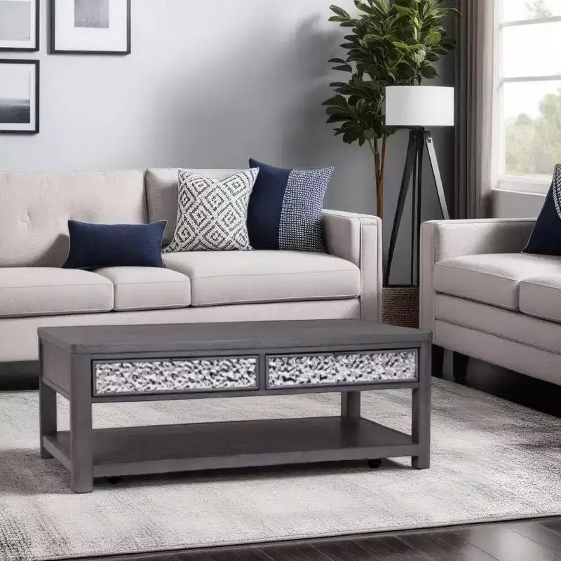 Royal Hampton 48 Inch Coffee Table, Caster Wheels, Drawers, Ash Gray Rubberwood