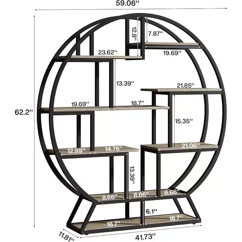 63 Inch Industrial Wood Bookcase with Staggered Shelves, Shelving Organizer Rack Display Shelf for Home Office, Living Room, Grey