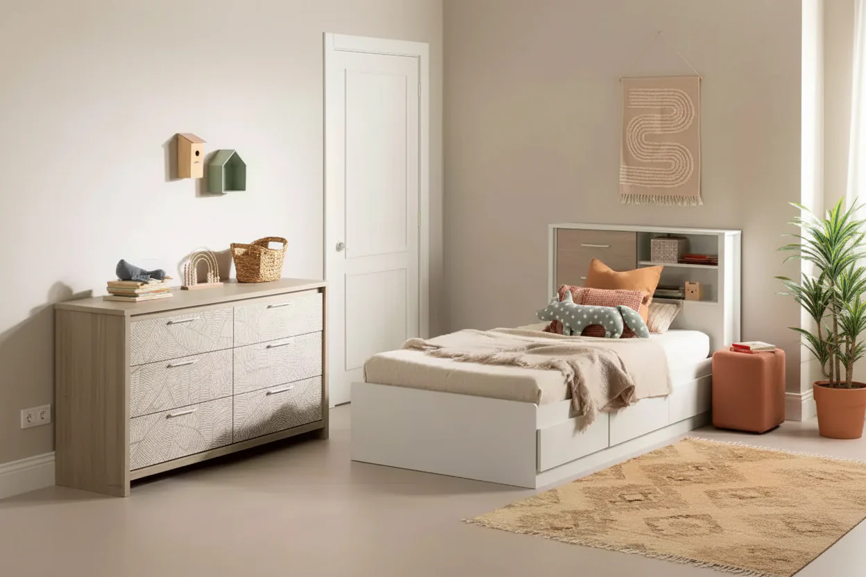 Double Dresser Soft Elm/White: 6-Drawer Horizontal Dresser, Anti-Tip Hardware, Laminated Finish, 58.5