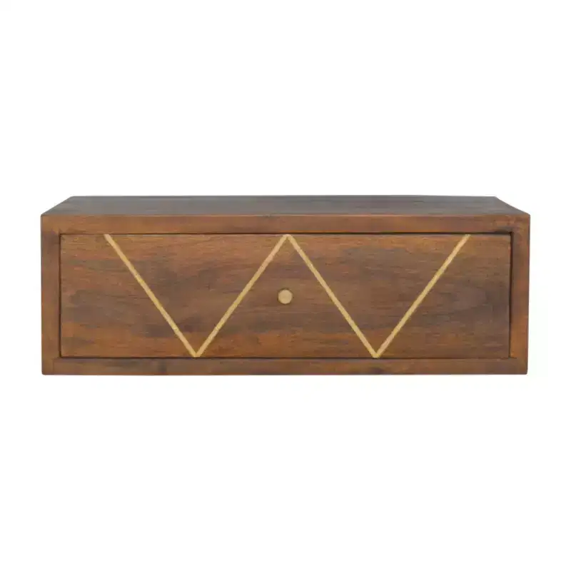 HomeRoots 18 Brown Solid Wood Geometric Brass Inlay One Drawer Floating Nightstand