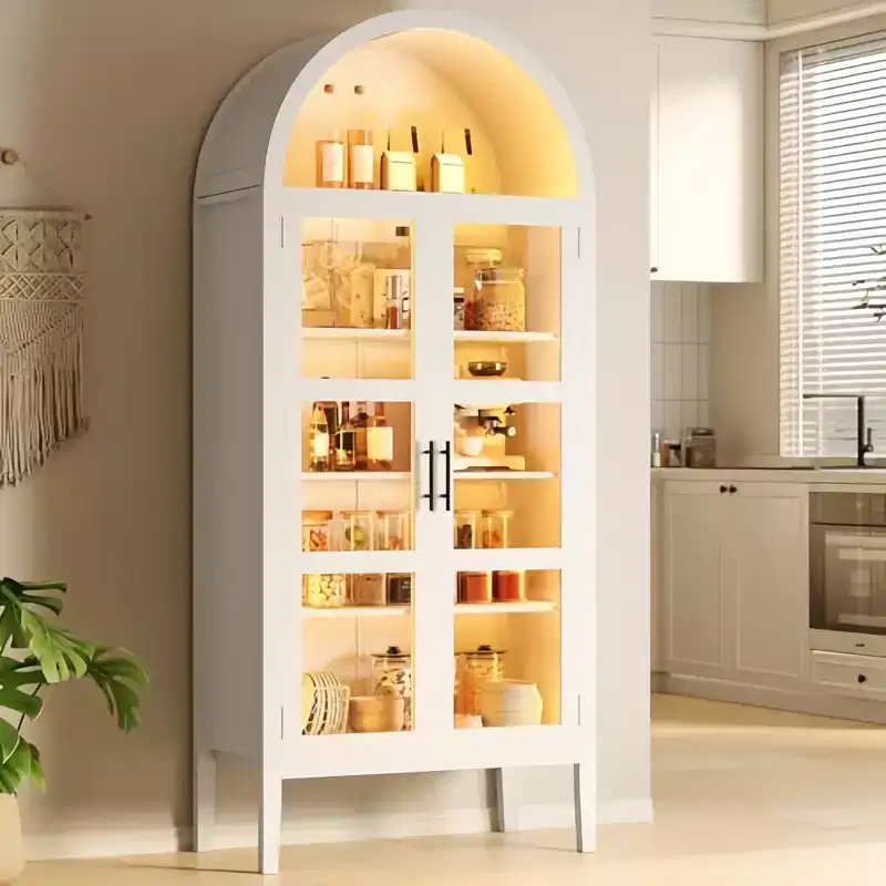 GustoWave 70 Tall Arched Kitchen Pantry Cabinet with LED, Wood Arched Bookshelf with Glass Doors & Adjustable Shelves, Elegant White