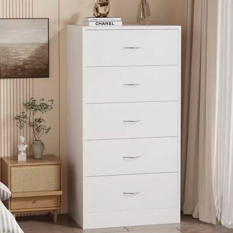 5-Drawer White Wood Dresser Tall Storage with Metal Handles