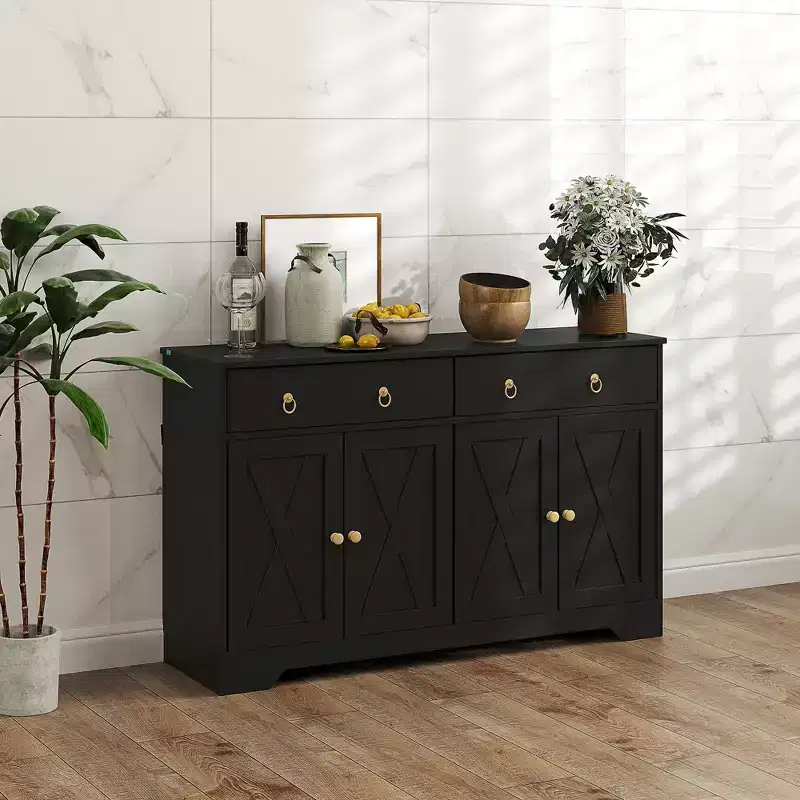 HOMCOM Sideboard Buffet Cabinet, Farmhouse Coffee Bar Cabinet with 2 Drawers and Barn Doors, Buffet Table with Adjustable Shelves