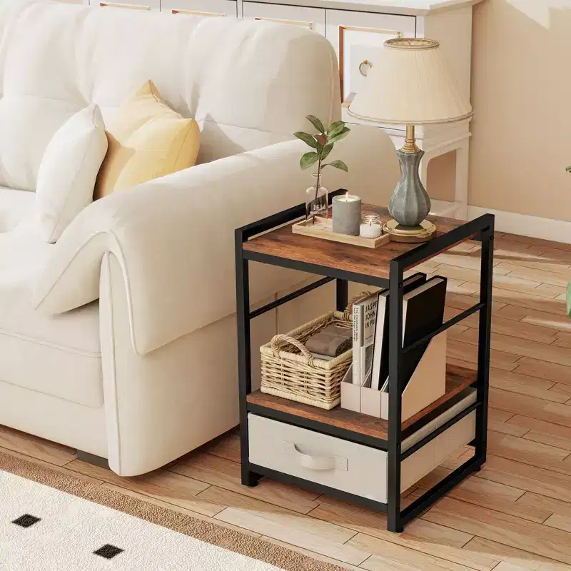 Costway Nightstand Industrial Bedside Table with Open Storage Shelf & Fabric Drawer for Living Room Rustic Brown
