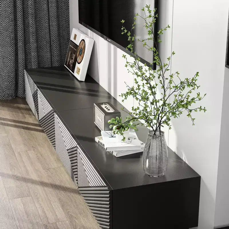 Famapy Black Geometric - Patterned TV Stand for 78 Inch TVs,Modern Entertainment Center with Lift - Up Doors, Storage Cabinets for Your Living Room