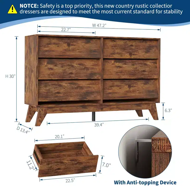 6 Drawer Dresser, 57 Wide Vintage Chest of Drawers with Bevel Design, Modern Dresser TV Stand for Bedroom, Living Room, Entryway and Closet