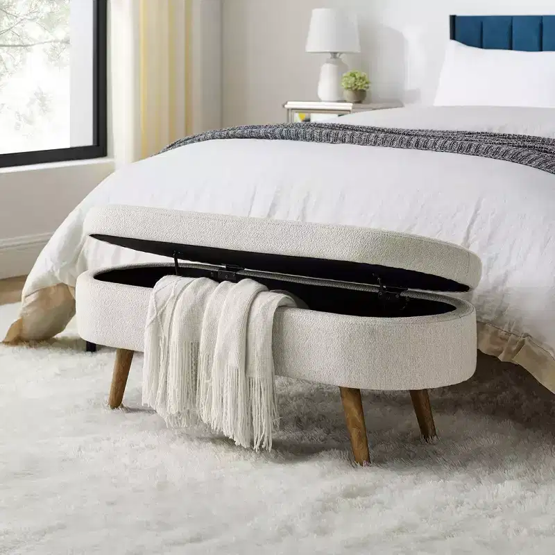 TUYOHW 43.5 Oval Fabric Storage Ottoman Bench,Upholstered Storage Bench with Rubber Wood Legs,Footrest Ottoman for Living Room,Bedroom,Entryway