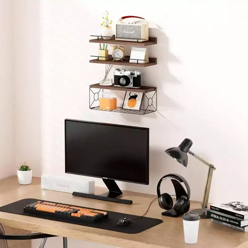 Floating Shelves Wall Set of 3 with Metal Toilet Paper Holder Brown Bathroom Bedroom Living Room Kitchen Office Wall Decor Shelf Dcor