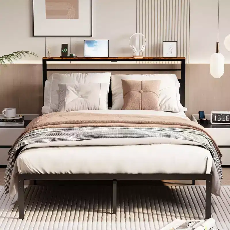 Queen Size Bed Frame with Charging Station, Platform Bed with Metal Slats, Upholstered Headboard with Storage Shelves, No Box Spring Needed