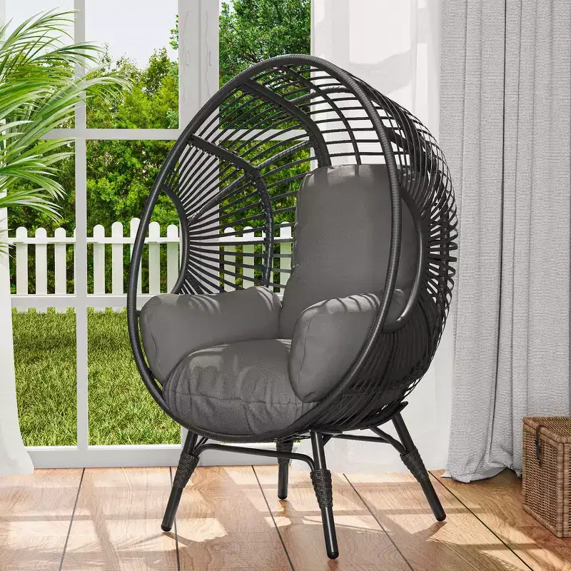 Whisen Outdoor Arc Back Hanging Egg Chair, Patio PE Rattan Swing Chair with Cushion - Black & Gray