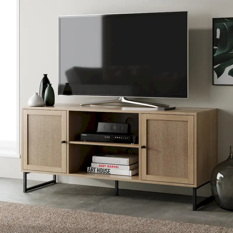 Modern TV Stand Entertainment Cabinet Media Console Oak Wood and Black Accents w/ Storage Doors
