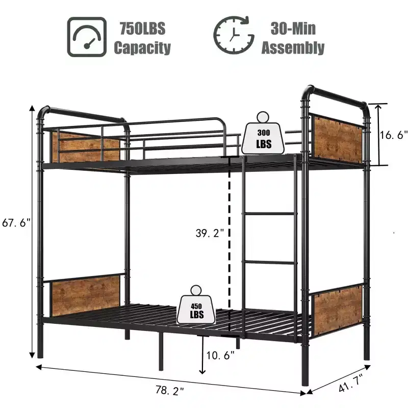 Twin Over Twin Metal Bunk Bed with High Guardrail and Ladder, Convertible Metal Bunk Beds for Kids, Teens, or Adults, Sturdy Frame
