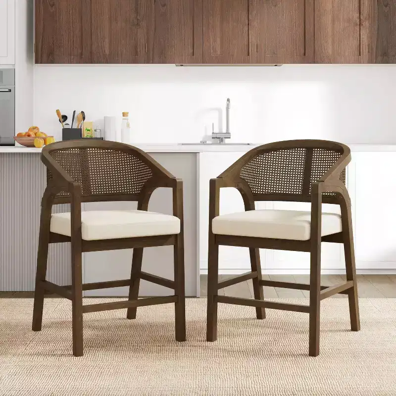 Christopher Knight Home Set of 2 Austin Rubberwood Upholstered with Cane Design Curved Back Counter Height Barstools Walnut/Beige