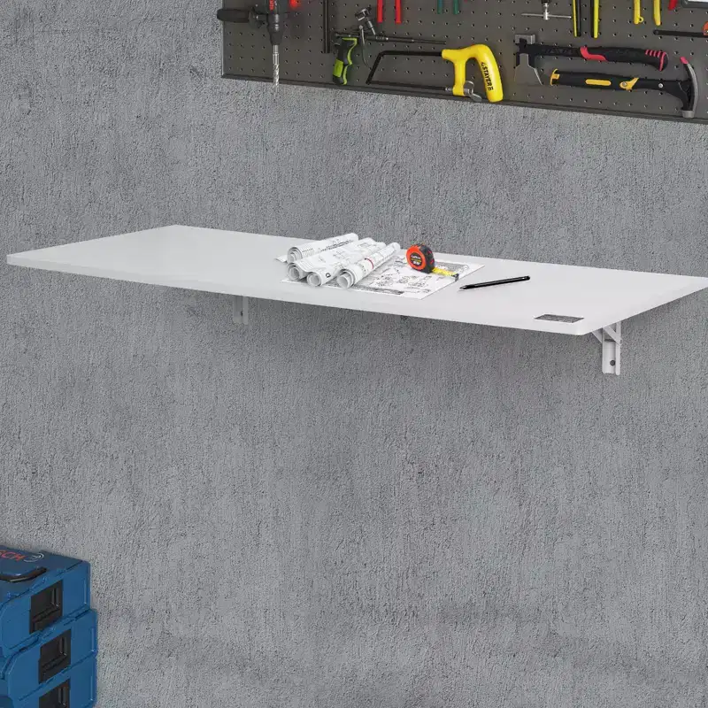 VEVOR Wall Mounted Folding Table, 43.31 x 18.11 Wall Mount Drop Leaf Table, Floating Desk with Iron Bracket, Fold Down Desk
