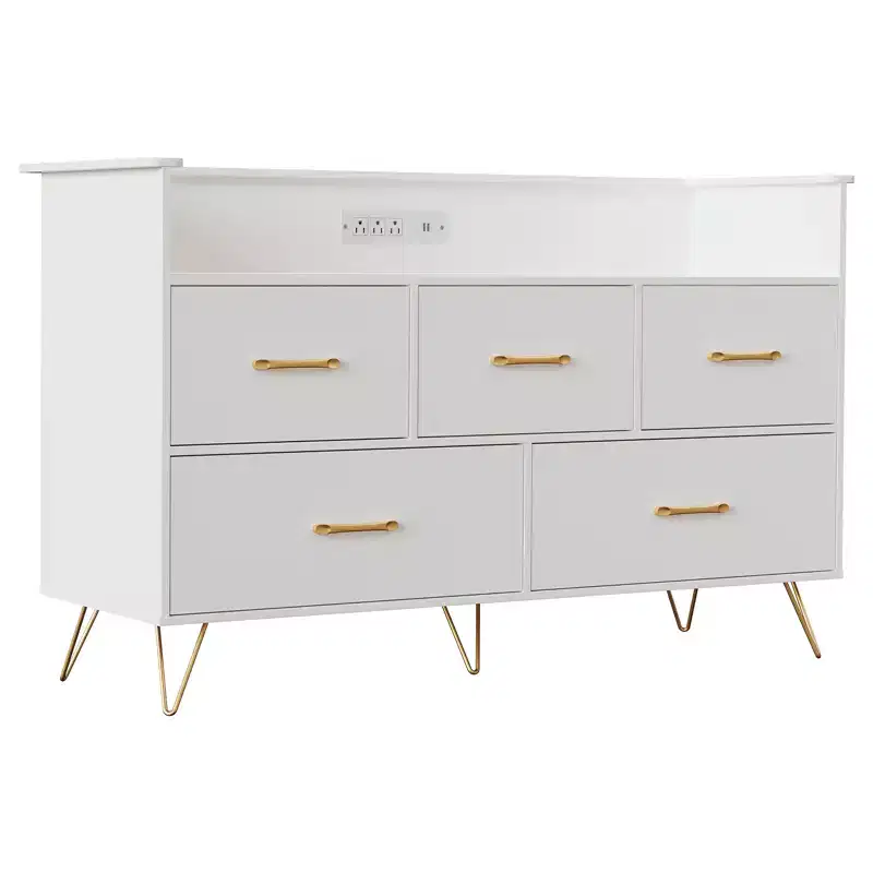 Modern Dresser for Bedroom, Wooden Dresser Storage Cabinet with LED Lights & Charging Station, White Chest of Drawers for Closet, Hallway, Entryway