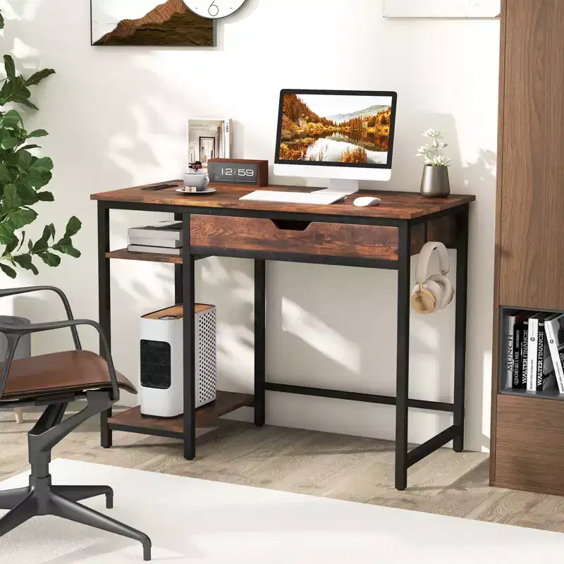 Computer Desk with Power Outlets, Drawer, Adjustable Shelf and Headphone Hooks
