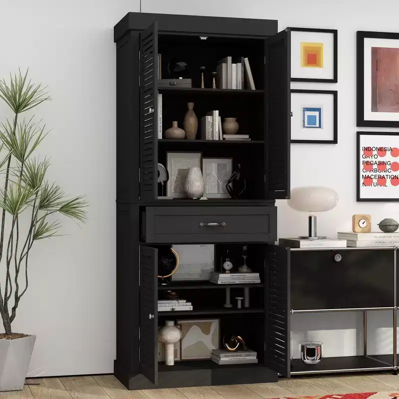 Tall Wooden Storage Cabinet with 4 Shutter Doors, 6 Shelves and 1 Drawer, 71.6