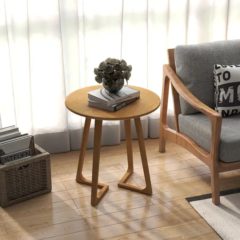 24 Round Side Table Solid Rubber Wood End Table Beside Sofa & Bed