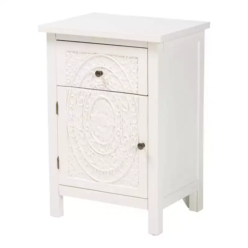 Lambert Wood 1 Drawer Nightstand White - Baxton Studio: Traditional Storage with Antique Finish, Metallic Silver Hardware