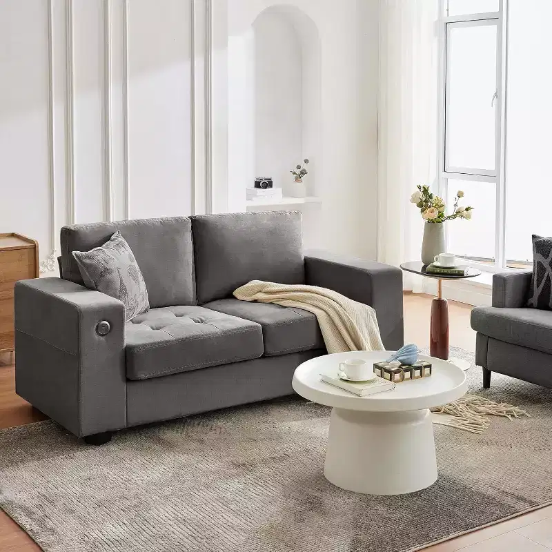 70 Chenille Loveseat Sofa with USB Charging  Modern Sectional w/Storage Pockets & Removable Cover for Living Room, Apartment