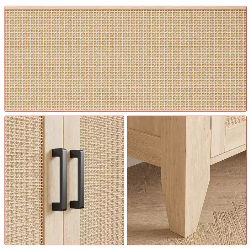 30 Rattan Sideboard Buffet Cabinet with Doors and Shelves, Wood Accent Console Cabinet for Living Room, Dining Room, Kitchen, Natural Oak