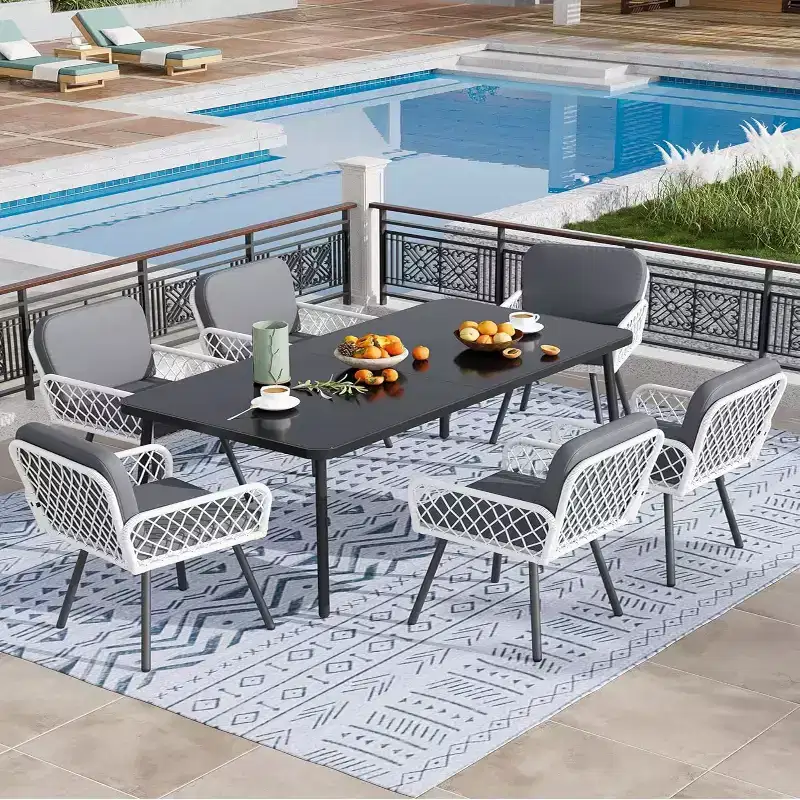 GustoWave 7-Piece Outdoor Dining Set, 59-inch Dining Table and 6 Rattan Chairs, Perfect for Gardens, Backyards, and Poolside Patios, Black and White
