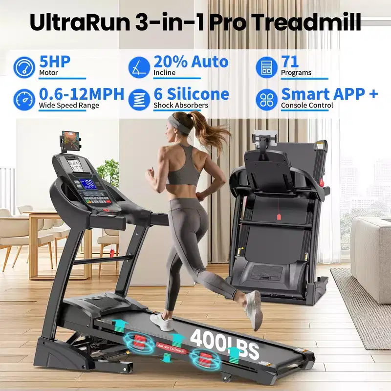 400lbs Portable Folding Treadmill,12MPH 5HP Treadmill w/ 20% Incline for Home Office,APP Control,Walking Running Exercise Treadmill w/ Knee Strap