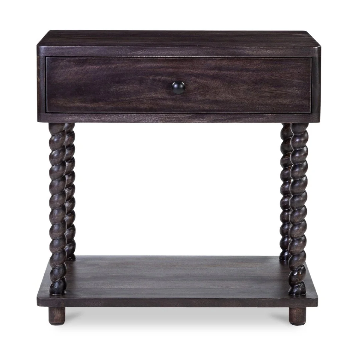 Traditional Mango Wood Dark Brown Nightstand with Turned Legs & Lower Shelf for Bedroom
