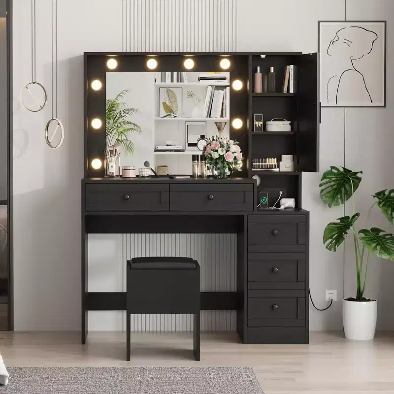 Vanity Desk, Makeup Table - with Lights & Stool, 3-Color LED Mirror, Charging Station & Hidden Storage, Modern Black Vanity Set