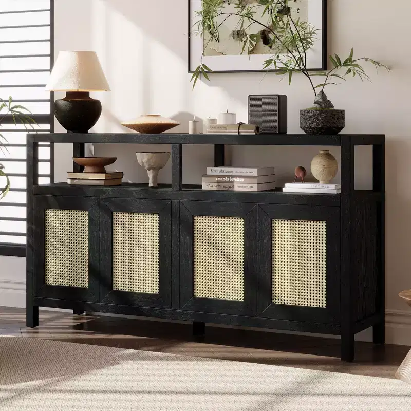Bohemian Rattan Buffet Cabinet with Wood Frame and Push to Open Design Black