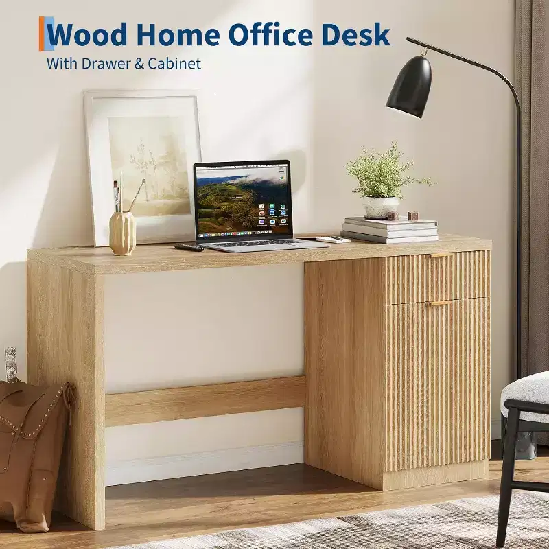 60 Executive Desk with Storage, Drawer & Cabinet, Modern Computer Desk for Home Office, Writing or Conference Table, Natural Oak