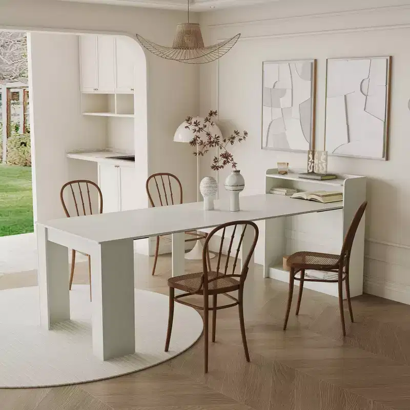 Okak 95.43IN Modern Extendable Dining Table with Storage, Space-Saving Folding Table with Long Tabletop, Kitchen Table for Dining Room