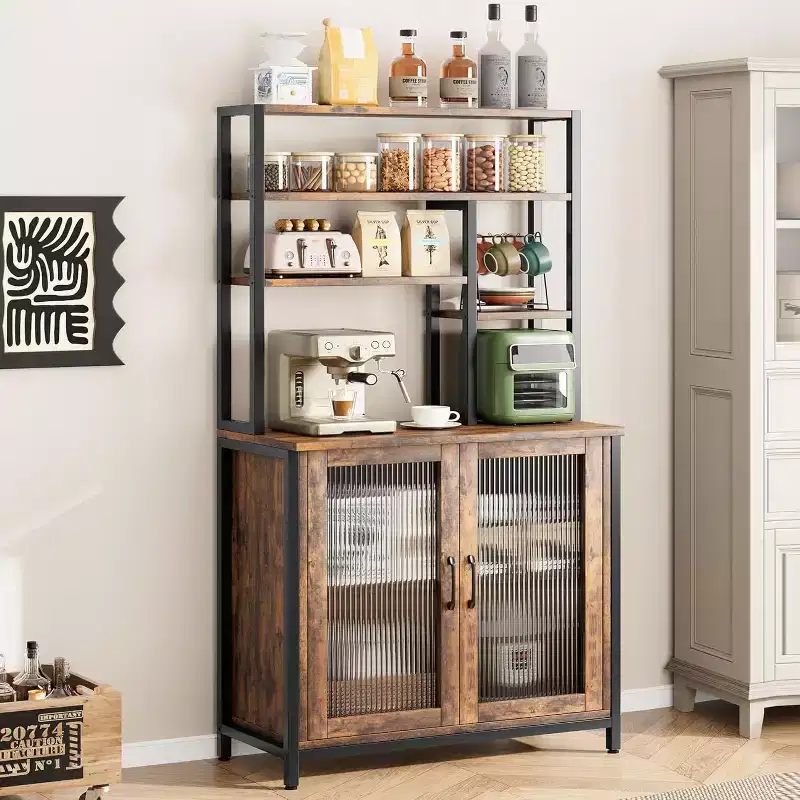 64 Microwave Storage Rack with 5 Tire Storage Shelf, Cabinet Vintage Kitchen Appliance Large Coffee Bar Station for Kitchen, Dining Room