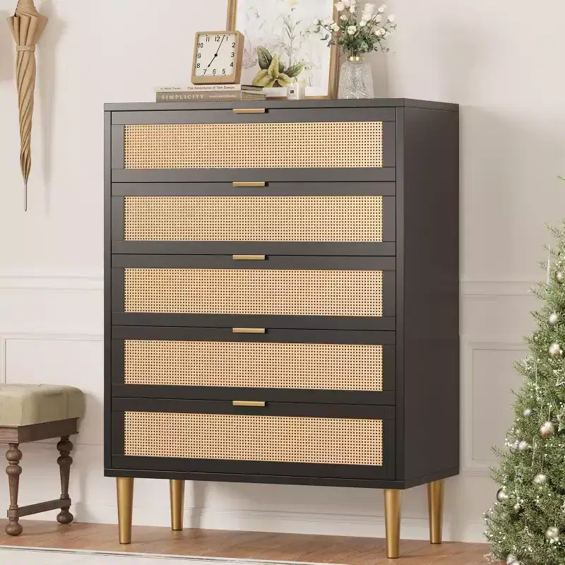 Tall Rattan 5-Drawer Dresser – Space-Saving Vertical Storage with Metal Accents