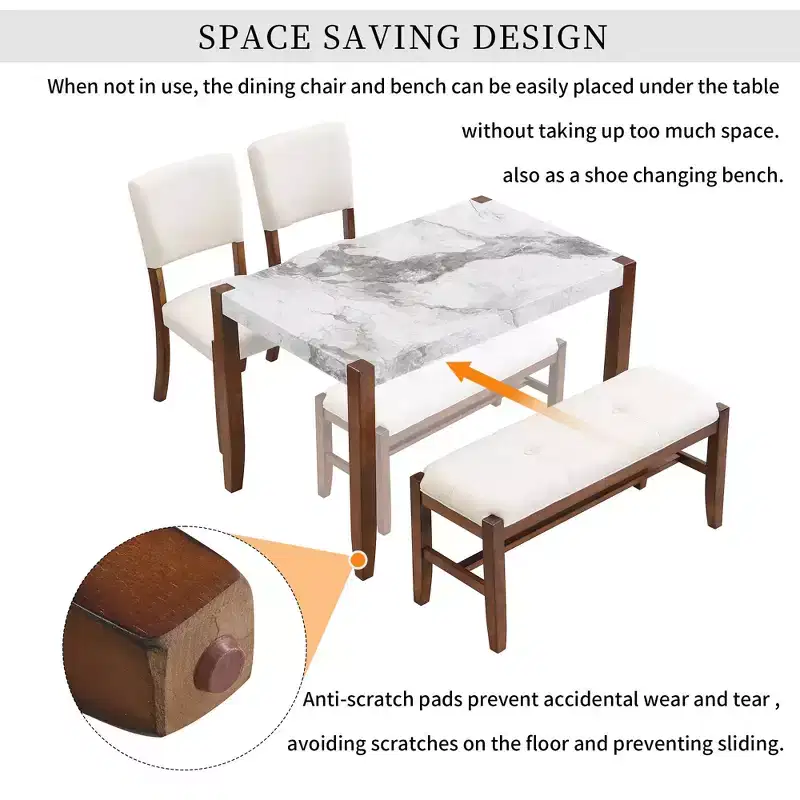 MAYEERTY 4-Piece Modern Dining Set, 46 Faux Marble Table, 2 Chairs & Bench
