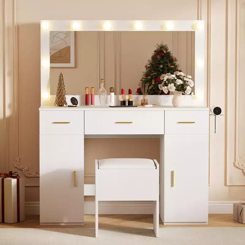 Vanity Desk with Mirror and Lights, Large Makeup Vanity Table with Power Outlet and Stool, 3 Lighting Modes Adjustable Brightness